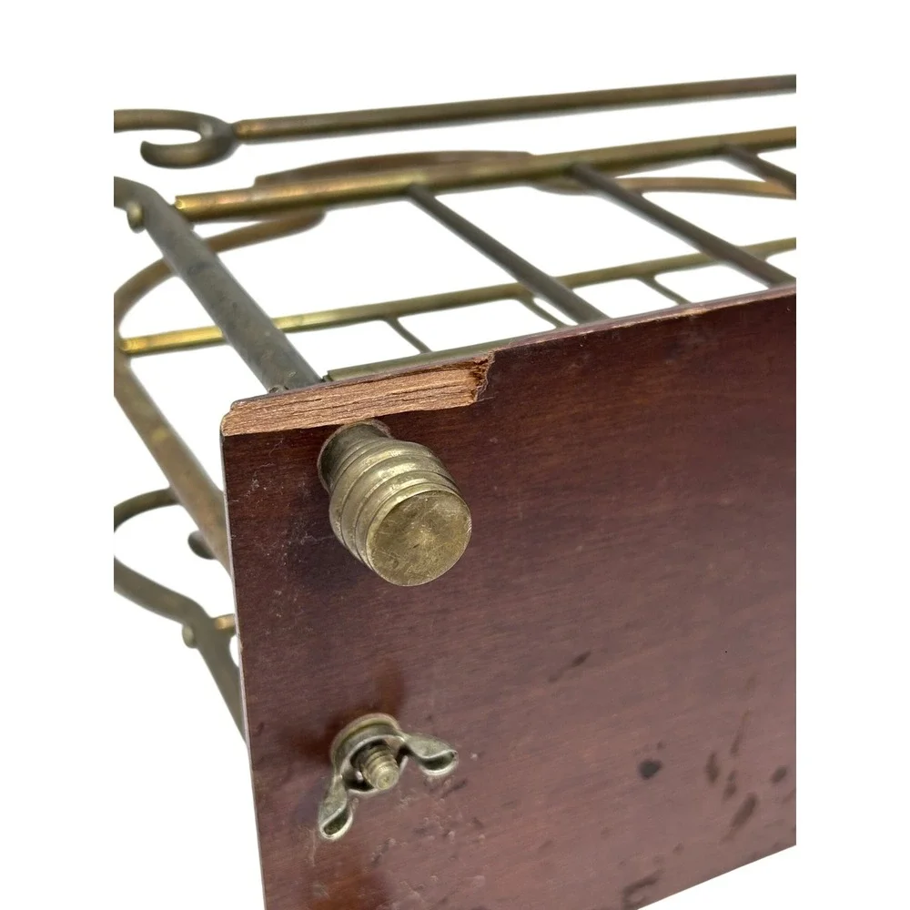 Vintage Brass Magazine Rack Wood Base Scroll Handle Double Slot Record Holder‎